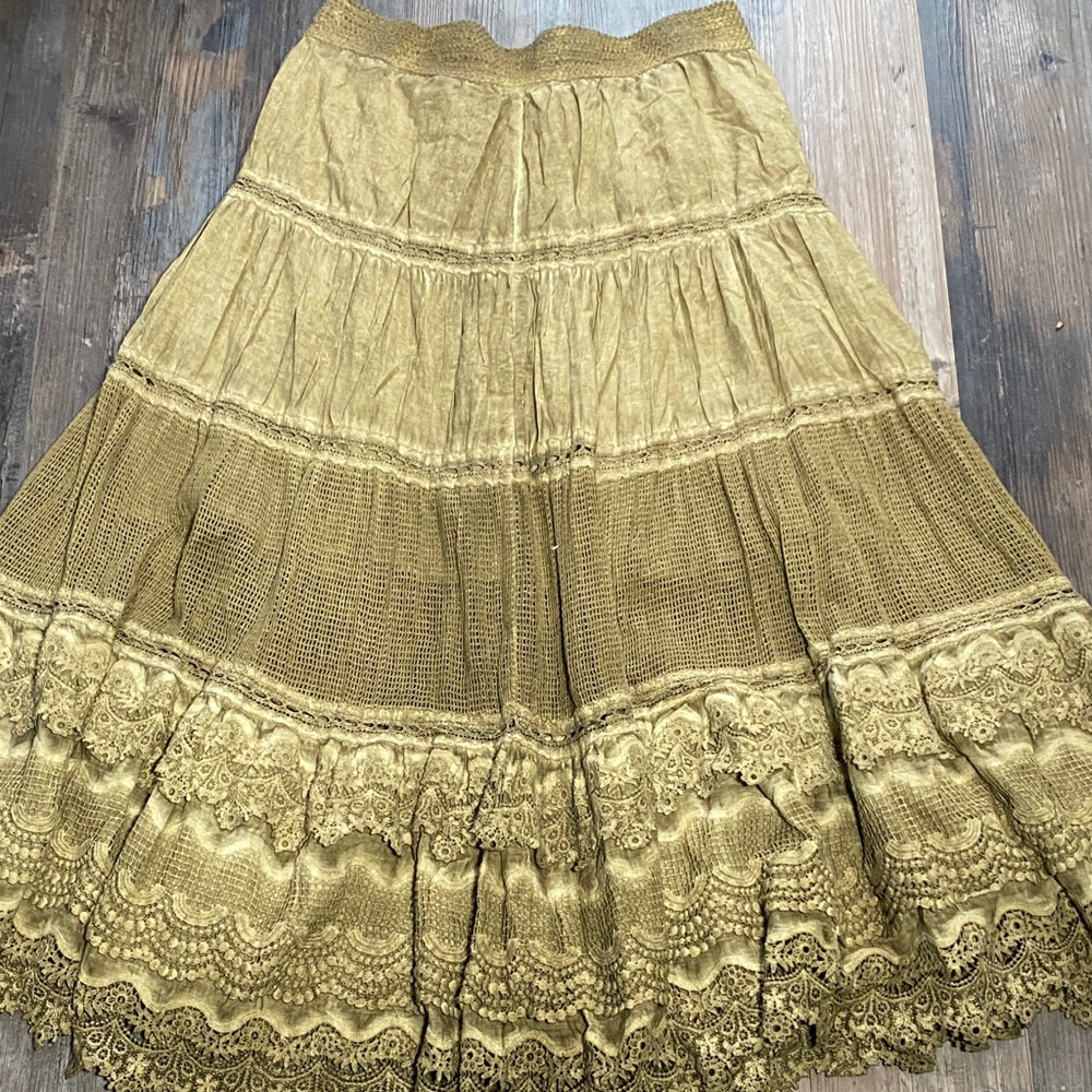 Aratta Lace Trimmed maxi Skirt in Olive